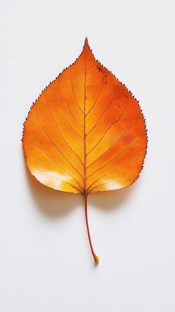 A vibrant orange leaf with intricate veins placed against a clean white background showcasing autumns beauty in nature