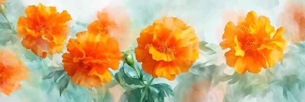 Photo vibrant orange marigold flowers watercolor painting a delicate watercolor painting of orange