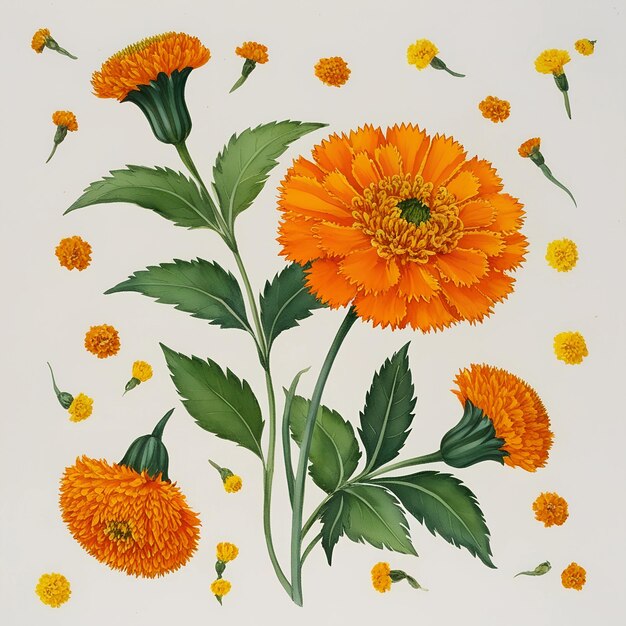 Photo vibrant orange marigold watercolor painting of stylized flower on a simple background