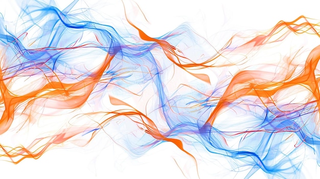 Vibrant orange neon lightning arcs intersecting with lively blue wave formations isolated on a solid white background