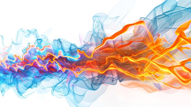 Vibrant orange neon lightning arcs intersecting with lively blue wave formations isolated on a solid white background