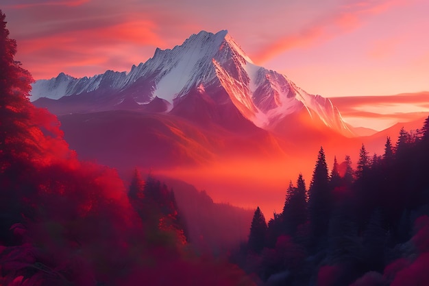 Vibrant orange and pink sunrise cascading over a majestic mountain range