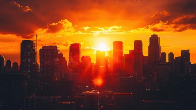 Photo a vibrant orange sunset over a city skyline casting a warm glow on the buildings