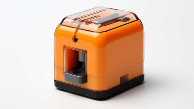 A vibrant orange toaster sits elegantly on a pristine white table