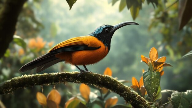 Photo a vibrant orangebreasted bird perched on a mossy branch