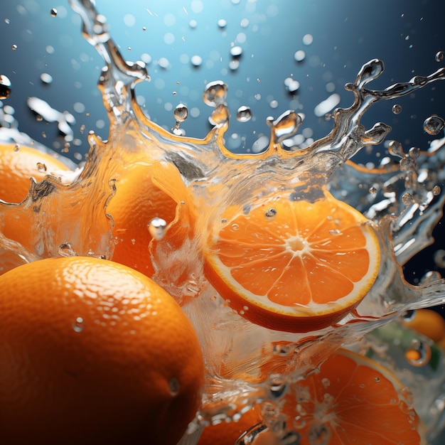 Vibrant Oranges Bursting with Juiciness Amidst a Dynamic Water Splash