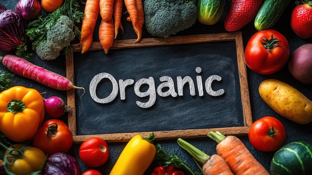 Vibrant organic vegetables are display around chalkboard with the word Organic prominently written