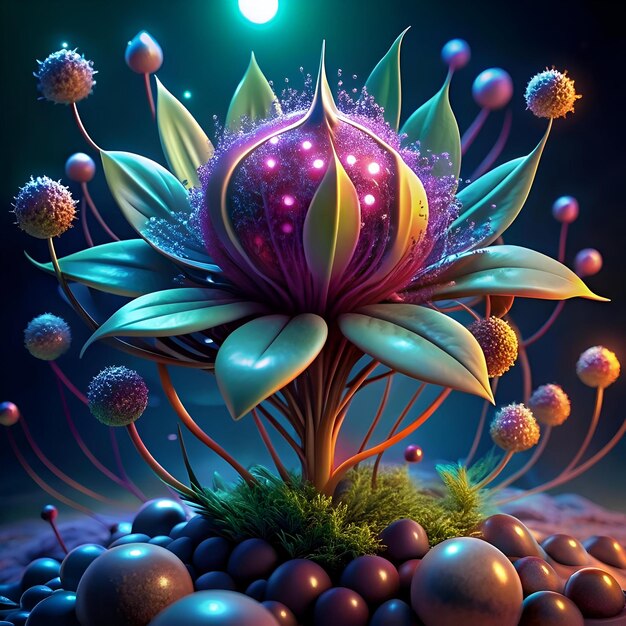 A vibrant otherworldly 3D flower with glowing orbs capturing a fantastical botanical scene perfect for sci fi and fantasy projects