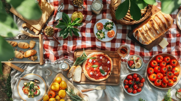 Photo a vibrant outdoor picnic setup with various fresh foods on a checkered blanket featuring pizza bread fruits and vegetables