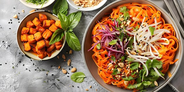 A vibrant overhead shot of a spicy vegetarian Pad Thai dish Concept Food Photography Vegetarian Cuisine Overhead Shot Vibrant Colors Pad Thai