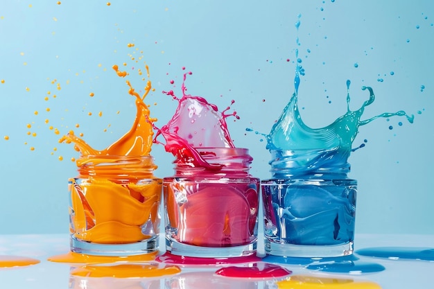 Vibrant paint splashes emerging from glass jars of different colors