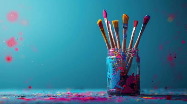 Photo vibrant paintbrushes in a glass jar surrounded by colorful splashes on a bright artistic background