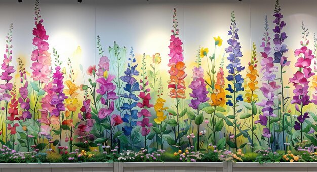 Photo vibrant painted flowers in a garden wall mural