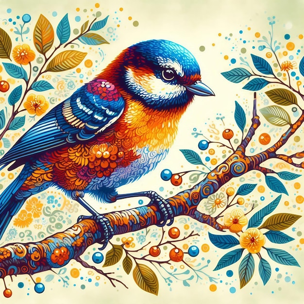 Vibrant painting of a bird perched on a tree branche