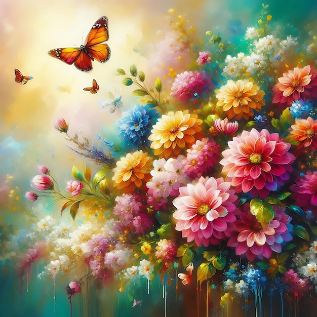 A vibrant painting of colorful butterflies and flowers against a dark black background