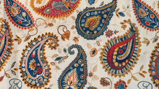 Vibrant paisley patterned fabric featuring intricate designs and colorful elements representing trad