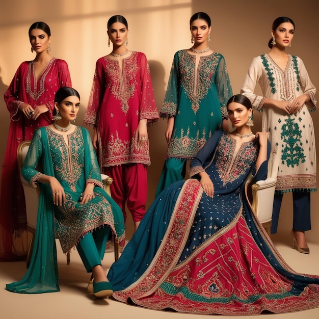 Vibrant Pakistani dress models captured in a studio