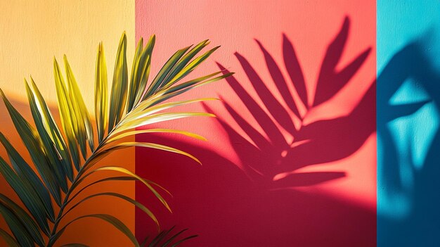 Photo vibrant palm leaves casting dynamic shadows against a colorful backdrop in warm afternoon light