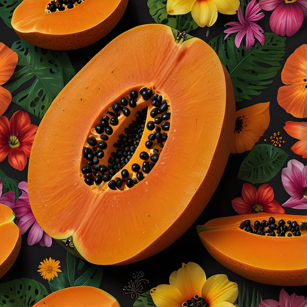 A vibrant papaya cut in half revealing its vibrant orange flesh