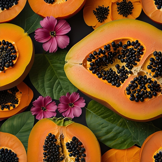 A vibrant papaya cut in half revealing its vibrant orange flesh