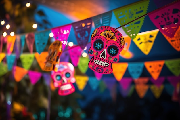 Vibrant papel picado hanging on rope at a night party Made with Generative AI