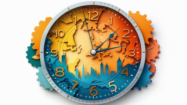 Photo vibrant paper art collage depicting time with clock and cityscape elements in colorful layers