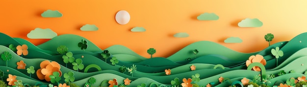 Vibrant Paper Art Landscape with Green Hills Orange Sky and Blossoming Flowers in Abstract Three