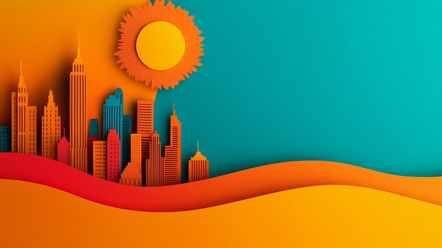 Photo a vibrant paper cut cityscape with a bright orange sun and a teal sky background symbolizing u