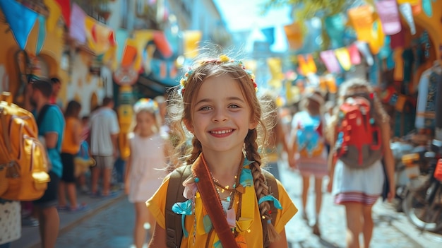 A vibrant parade with children in costumes carrying banners and flags walking down a sunny street during a lively Childrens Day event