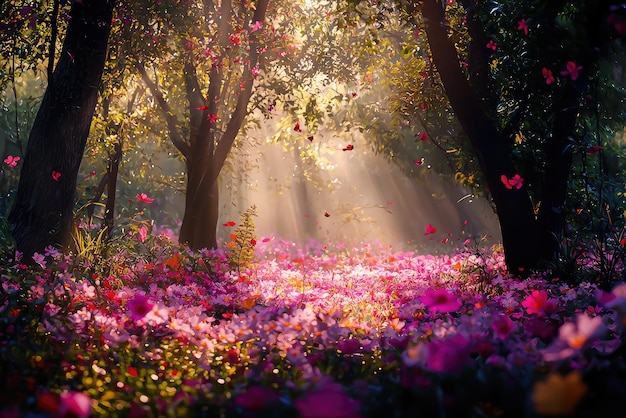 A vibrant paradise forest filled with colorful flowers and soft sunlight