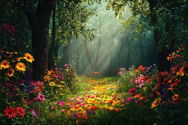 A vibrant paradise forest filled with colorful flowers and soft sunlight