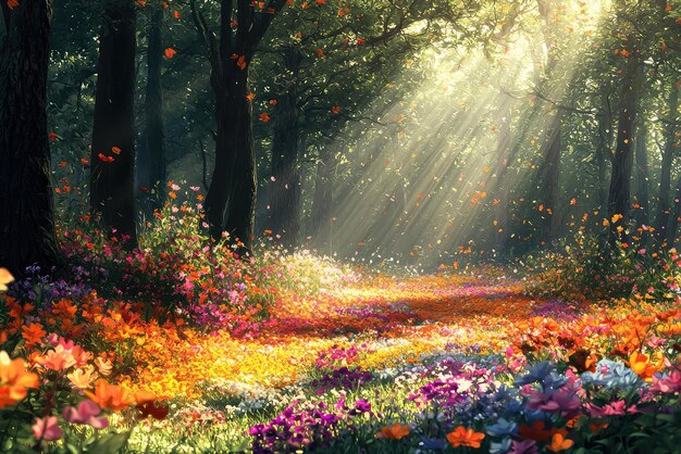 A vibrant paradise forest filled with colorful flowers and sunlight