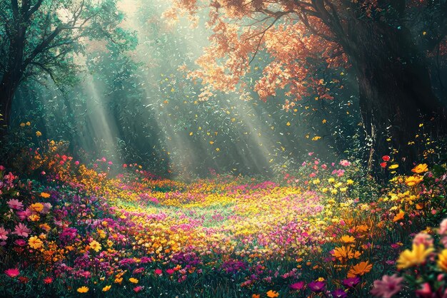 A vibrant paradise forest filled with colorful flowers and sunlight