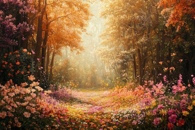 A vibrant paradise forest filled with colorful flowers and warm sunlight