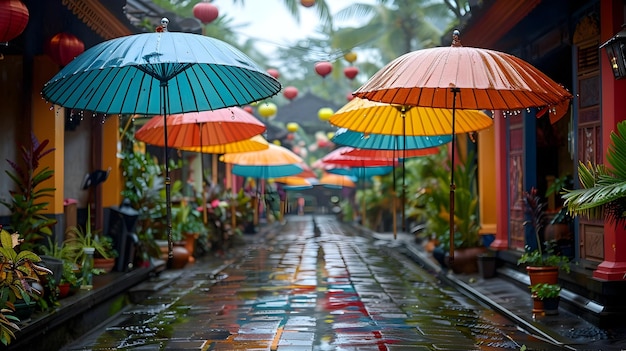 Vibrant Parasols Adorn Alleyway in Balis Exotic Culture