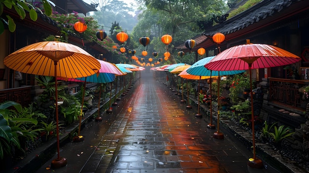 Vibrant Parasols Adorn an Alleyway in the Exotic Destination of Bali