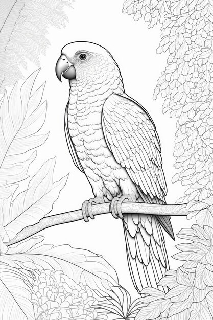 Photo vibrant parrot in enchanted forest coloring page generative ai