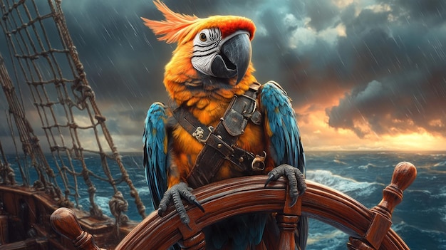 A vibrant parrot stands confidently at helm of ship showcasing its colorful feathers