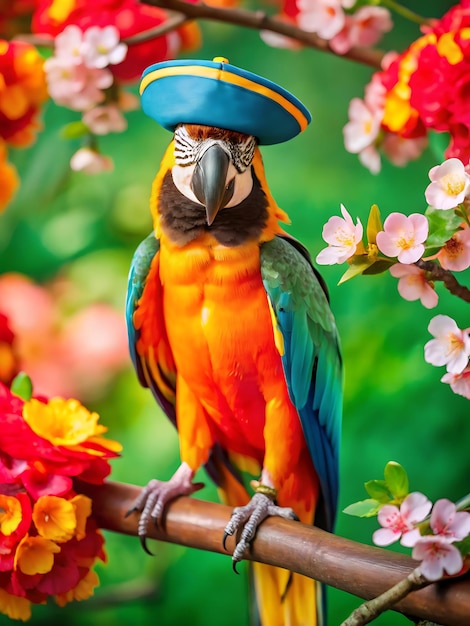 Photo a vibrant parrot wearing a pirate hat perched on a branch