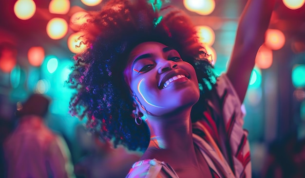 Vibrant party atmosphere with joyful young darkskinned woman dancing