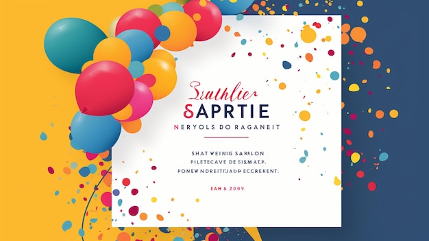 A vibrant party invitation with bold typography confetti and colorful balloons inviting guests to a joyful celebration