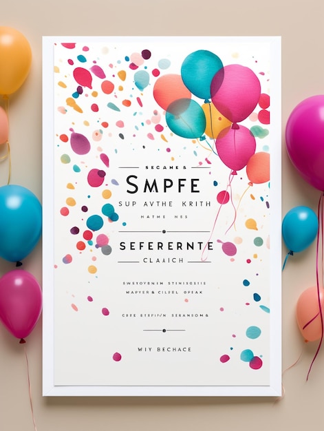 A vibrant party invitation with bold typography confetti and colorful balloons inviting guests to a joyful celebration