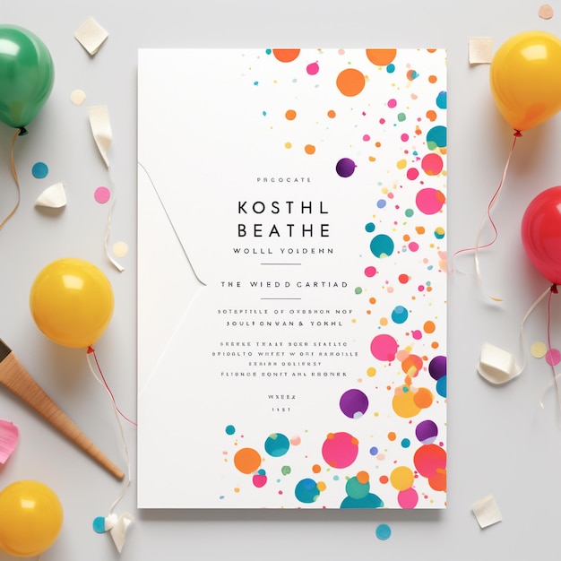 A vibrant party invitation with bold typography confetti and colorful balloons inviting guests to a joyful celebration