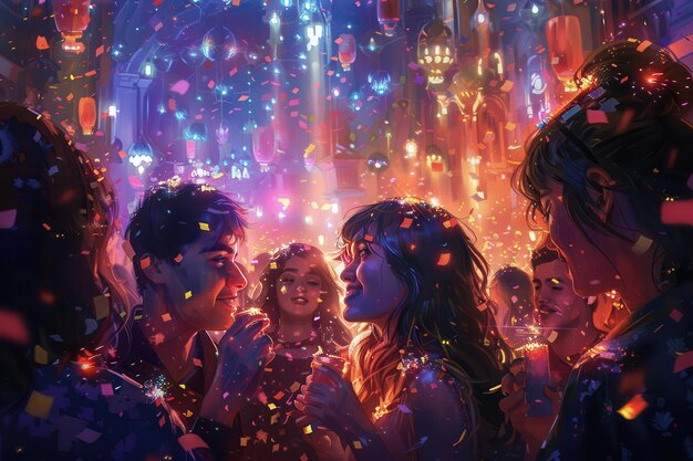 Vibrant Party Scene with Confetti and Colorful Lights