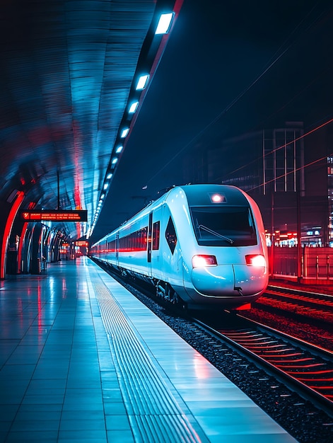 Vibrant Passenger Train Approaching Station with Colorful Lights