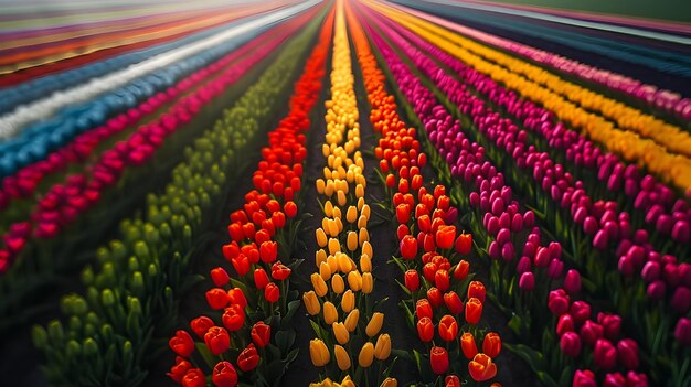 Photo vibrant patchwork of colorful tulip fields from aerial perspective in spring countryside