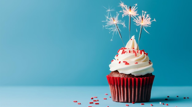 Vibrant patriotic cupcake with firework toppers on the top left corner set against a solid sky blu