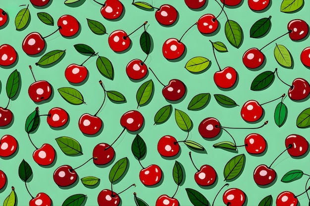 Photo a vibrant pattern of red cherries and green leaves on a mint background