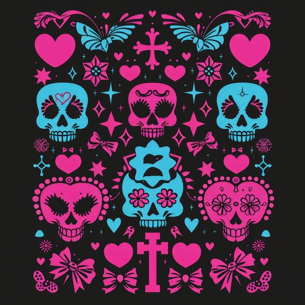 A vibrant pattern of sugar skulls hearts butterflies flowers and crosses in pink and blue on a black background