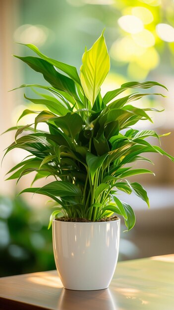 Vibrant peace lily plant flourishing in a glossy white pot with a blurred sunny backdrop